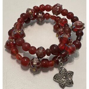 Red Glass Bead Wrap Memory Wire Bracelet Flower Charm Boho Beach Glam
